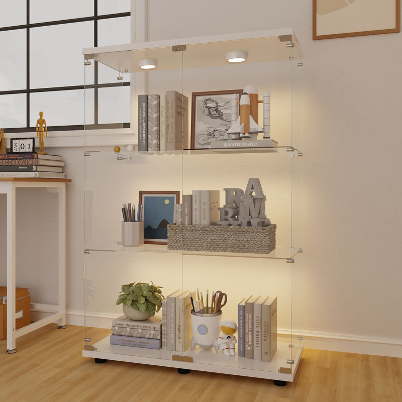 Vitrine en verre trempé avec éclairage à piles PAIPAI, pieds de plancher réglables et tablettes durables pour un rangement et une présentation polyvalents