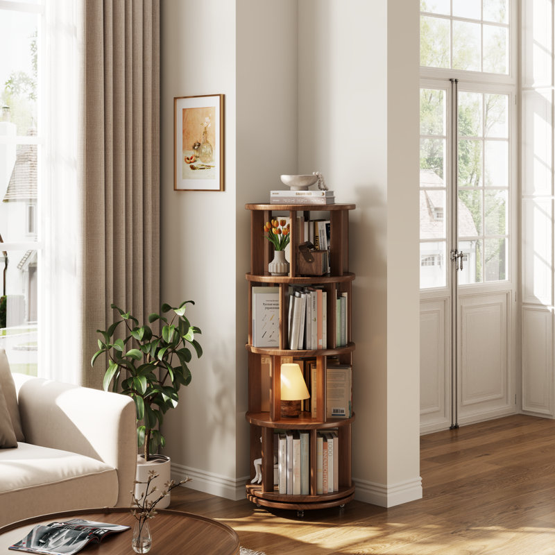 360° Rotating Solid Wood Bookshelf, Equipped with Brake Wheels, Allowing for Flexible Adjustment, Brown