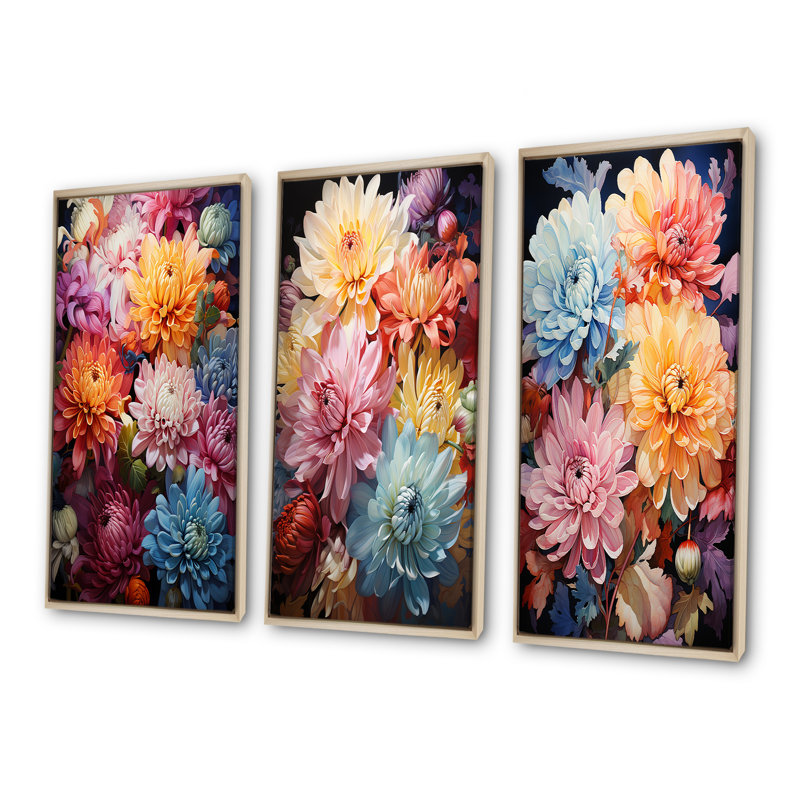 Maman avec leurs tiges courbées caractéristiques - ensemble de 3 reproductions d'art sur toile, Cadre flottant brun