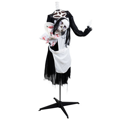 57" Animated LED Lighted Head-in-Hand Skeleton Maid Halloween Decoration