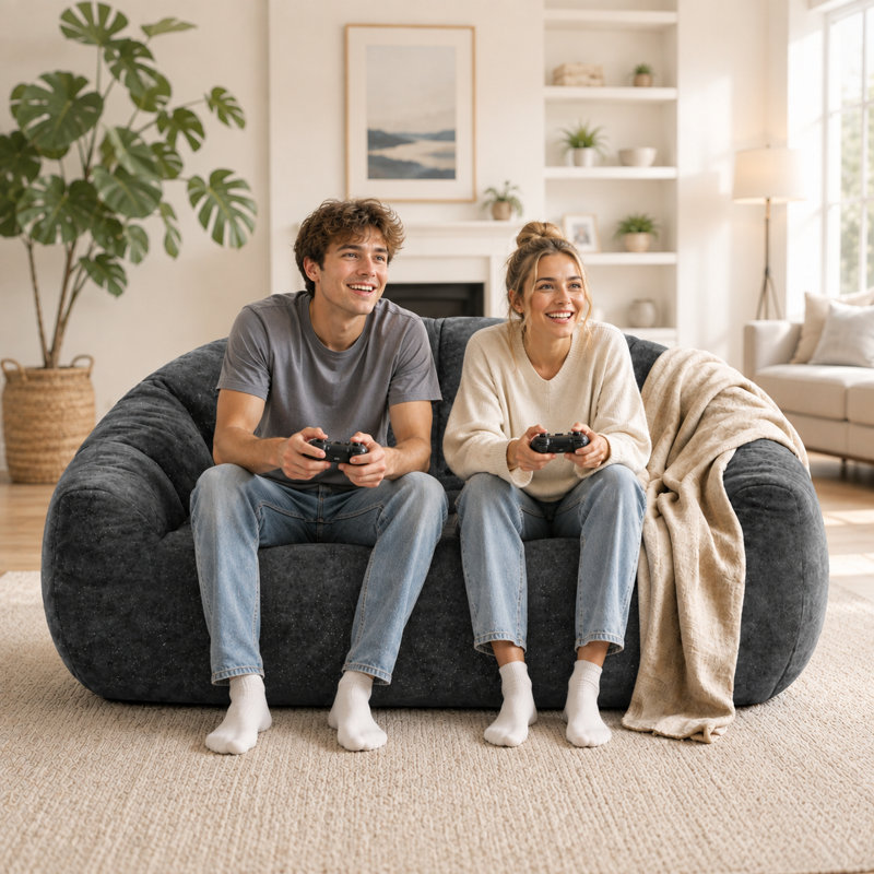 Pouf poire surdimensionné à 2 places avec revêtement en chenille douce, canapé lounge profond avec rembourrage en mousse haute densité, canapé de sol confortable pour salon, chambre à coucher, salle de jeux et bureau à domicile