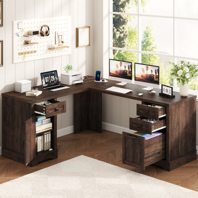Bureau de direction en coin rustique avec armoire de rangement et ports de chargement, bureau d'ordinateur en L avec tiroirs classeurs Farmhouse