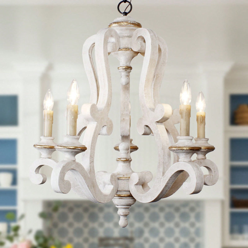 Lustre 5 lumières style bougie Farmhouse, Blanc patiné