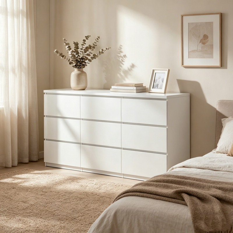 Commode blanche moderne 9 tiroirs, commode sans poignée