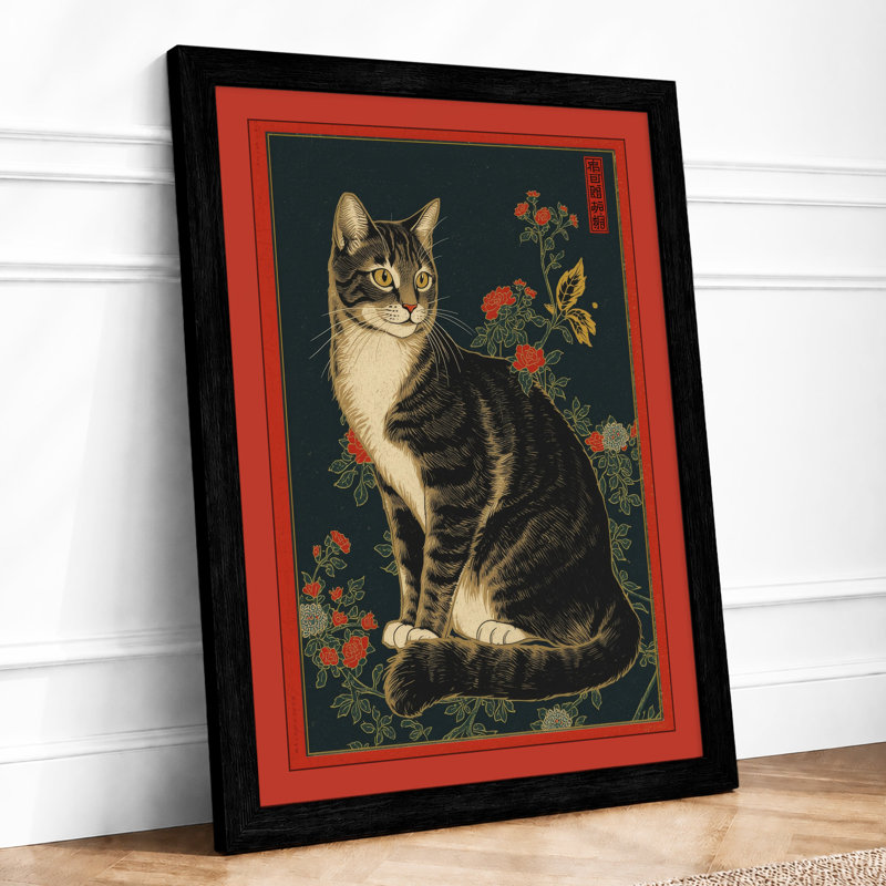 Tabby and Flowers Japandi - Framed Print, Black, A3 - 42.0 x 29.7 cm