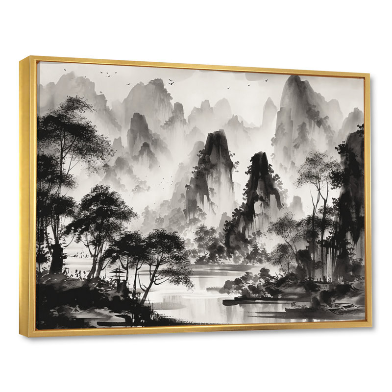 «Black and White Asia Mountains I», reproduction d'art sur toile, H 16 po x l 32 po x P 1 po, Cadre flottant doré