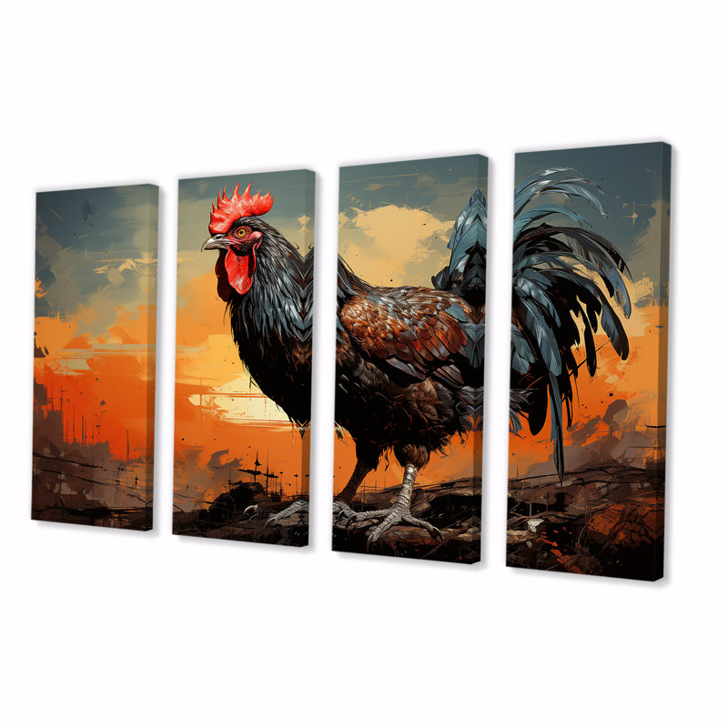 Sunset Roosters Farmyard I - Coq, art mural 4 pièces, H 32 po x l 64 po