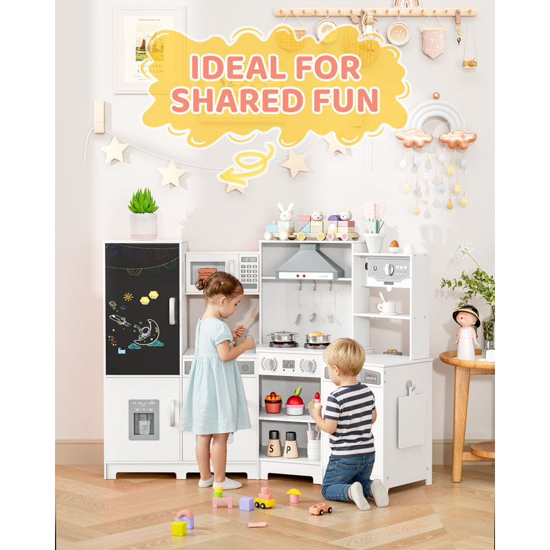 Wooden Corner Play Kitchen, Kitchen Playset With Stove & Range Hood W/lights & Sounds, Sink, Faucet, Ice Maker And Washing Machine, 6-piece Toy Set Age 3+(white)