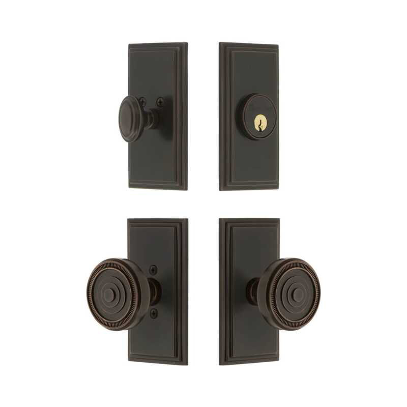 Grandeur Carre Short Plate Entry Set with Soleil Knob in Antique Pewter, 2.375", Timeless Bronze