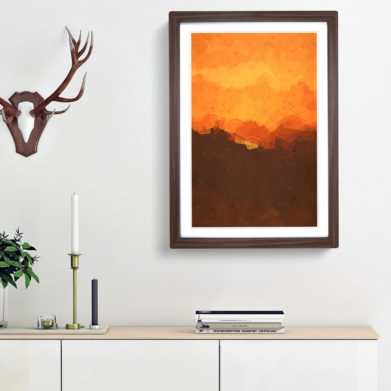 Orange Sunset Abstract Art - Picture Frame Graphic Art Print, 87cm H x 62cm W x 2cm D, Walnut Framed