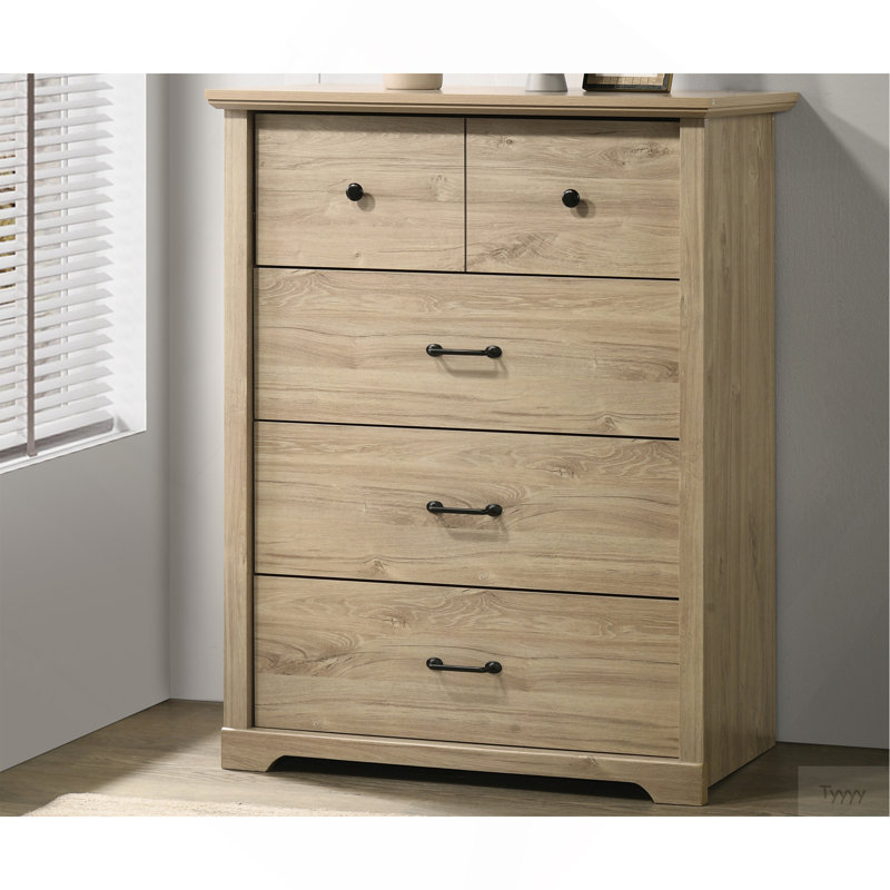 Elettra 32"W Light Oak Finish 4-Drawer Chest With Black Handles, Light Oak