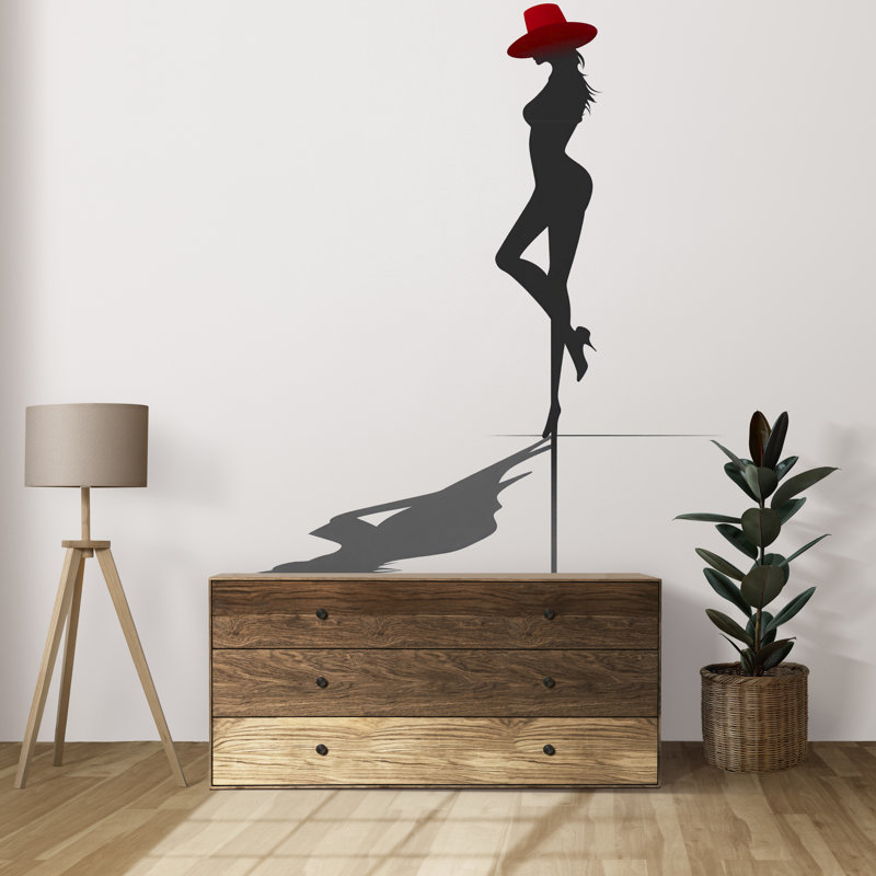 Décalcomanie murale mode femme avec chapeau rouge, décoration murale moderne glam, H 24 po x l 13 po