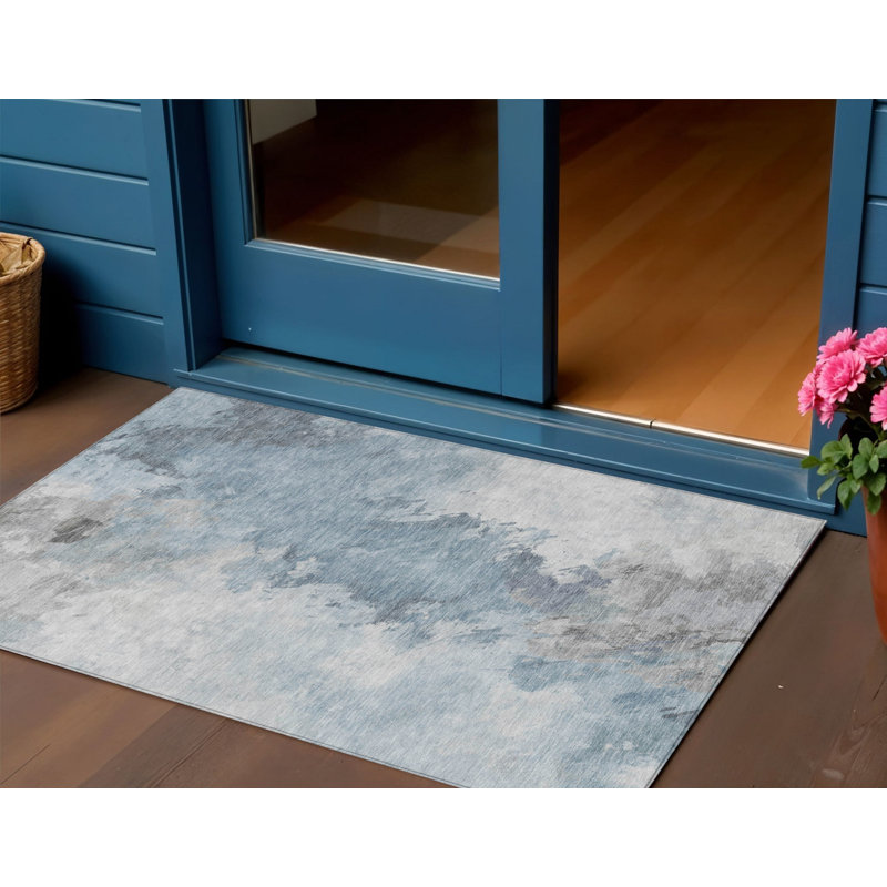 3' X 5' Sky Blue Gray And Ivory Abstract Washable Indoor Outdoor Area Rug