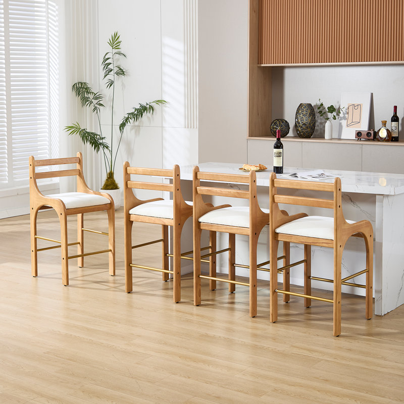 Stylish Farmhouse Upholstered Solid Wood Barstools With Metal Stirrups, Low Barstools With Cutout Solid Wood Backs Set Of 2