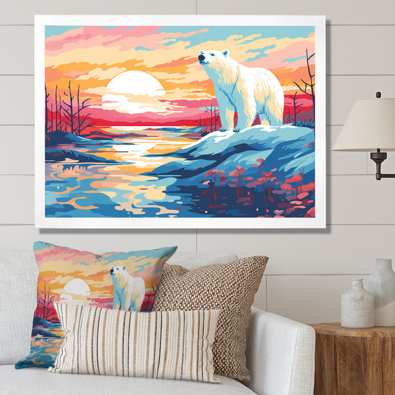 «Sunrise Bear», art mural, H 30 po x l 40 po x P 1,5 po, Cadre de coin blanc fermé
