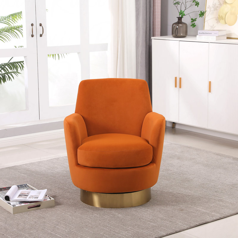 Fauteuil demi-tonneau pivotant en velours, fauteuil pivotant avec chaises d'appoint pour le salon, fauteuil de lecture confortable pour la chambre à coucher, fauteuil demi-tonneau rond avec base en acier inoxydable doré (orange)