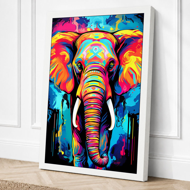 Neon Elephant Street Art - Print, 30x20 - 76.2 x 50.8 cm, White Border