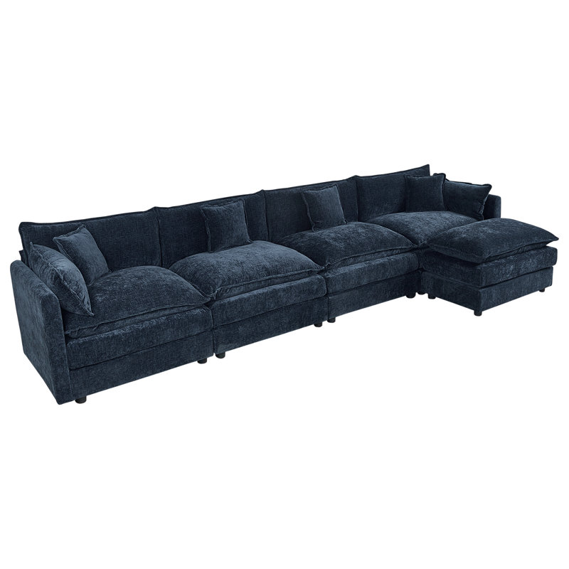 Modern Chenille Loveseat Sofa Couch With Ottoman, 33.85" H x 147.22" W x 35.82" D, Blue Chenille