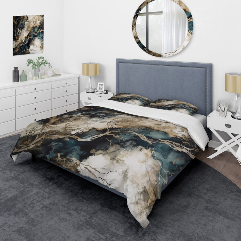 Ensemble de housse de couette en microfibre / polyester Blue Beige Marbré Dreamscape I Bedding