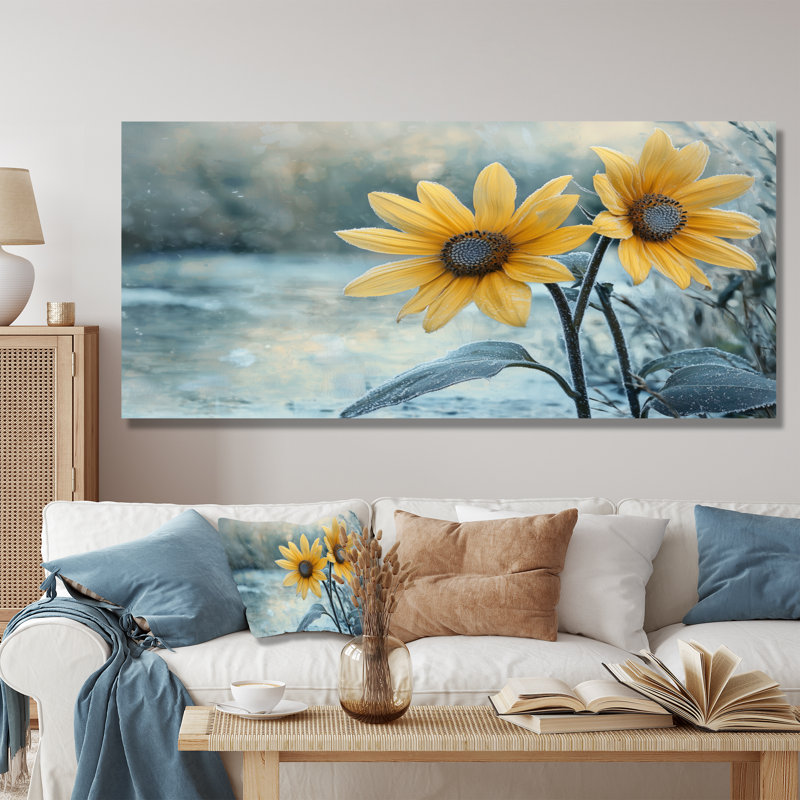 «Doneva Sunflowers By The Frozen Pond II» - Art mural tournesols, Ne pas appliquer, H 28 po x l 60 po, Toile tendue