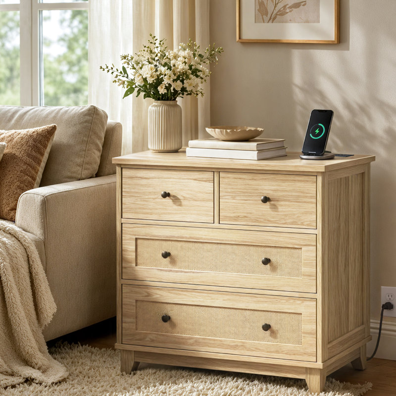  Mikels 26.9"W Rattan Nightstand with Charging Station & Drawers Boho End Tables Living Room, Natural