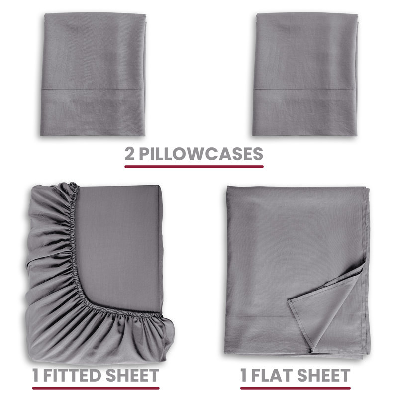 Luxury 4 Piece Solid Sheets Soft Rayon From Bamboo Blend Bedding Sheet Set, Gray, California King