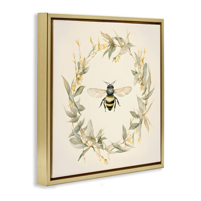 «Soft Bee Wreath», art mural encadré flottant par Petal Prints Design