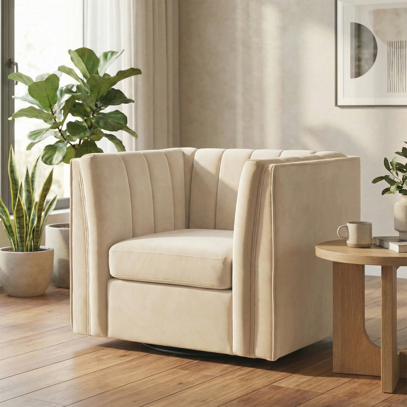 35.4'' Wide Upholstered Swivel Chair, White Chenille
