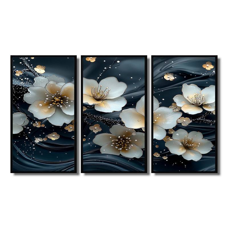 Ensemble de salon art mural blanc et blanc Blooming Marble Flowers River IV - Poppies, Toile avec cadre flottant noir