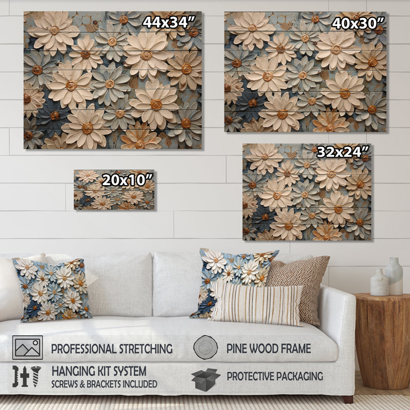 «Blue Blooms Zinnias Flowers» - panneau de bois Zinnias, art mural sur bois de pin naturel, H 10 po x l 20 po