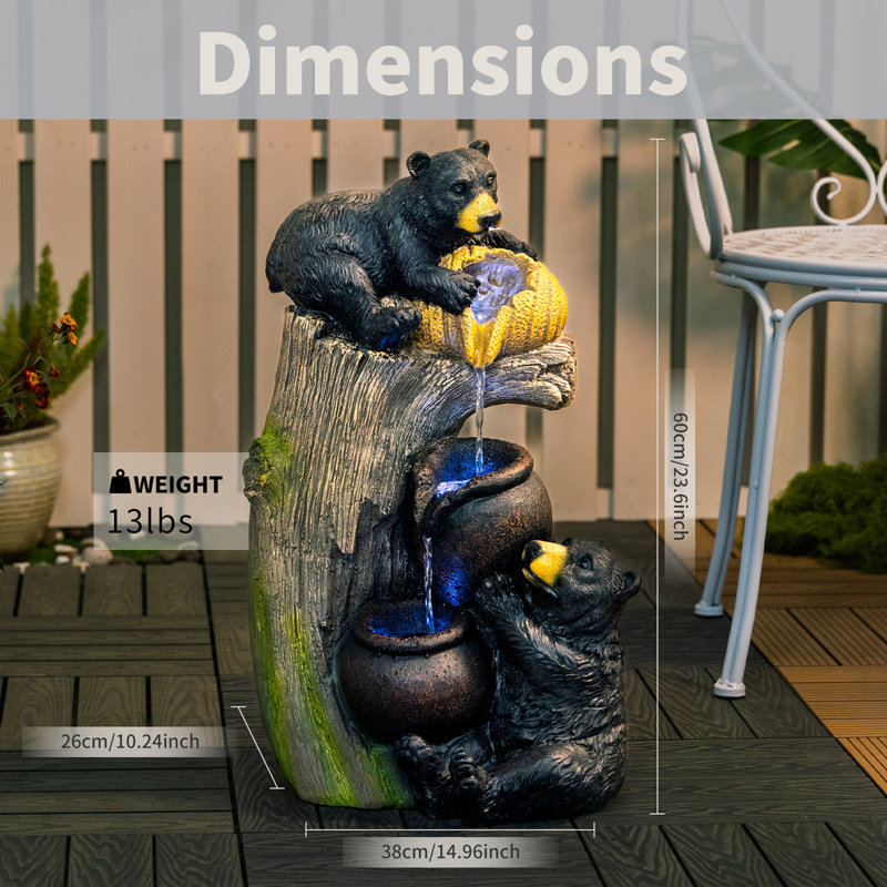 Bear Outdoor Water Fountain with LED Lights Cascading Fountains Outdoor