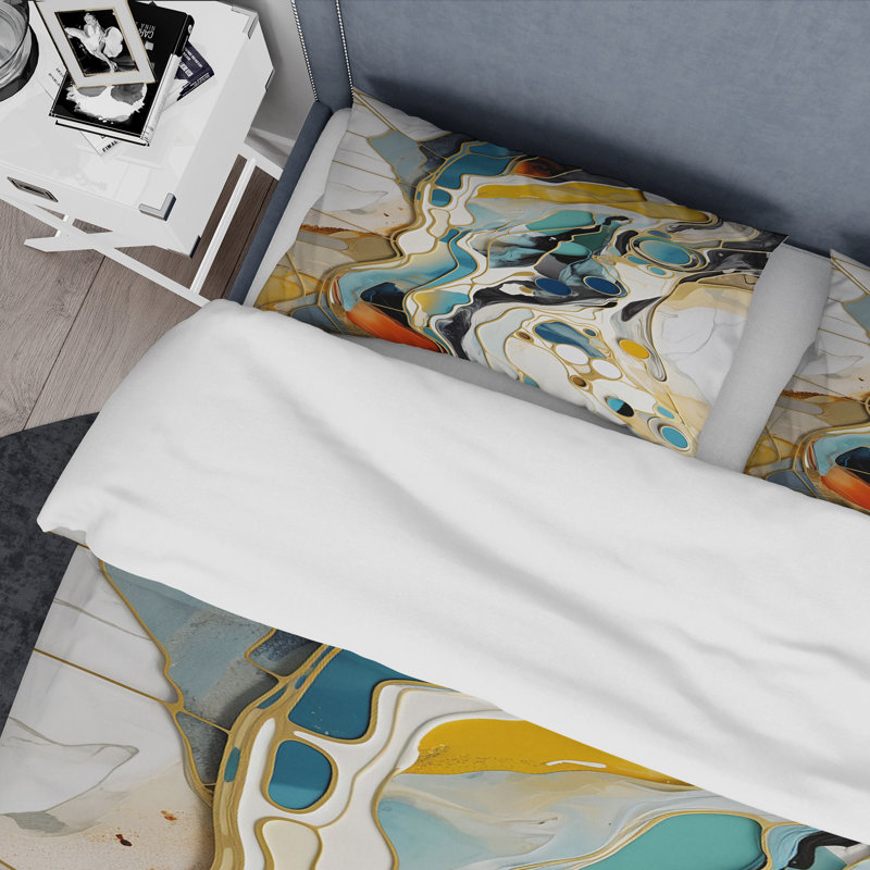 Ensemble de housse de couette bleu et jaune à encre liquide Harmony III Abstraction