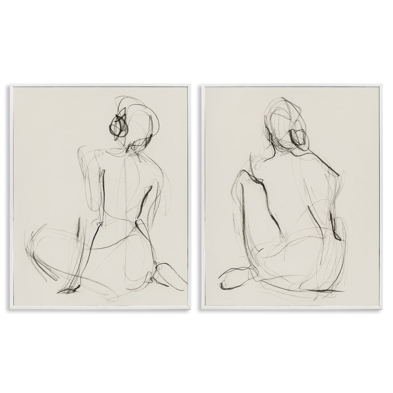 "Figurine assise", dessin de 2 giclées encadrées par Victoria Barnes, H 30 po x l 24 po, Giclée encadrée blanc bord de mer