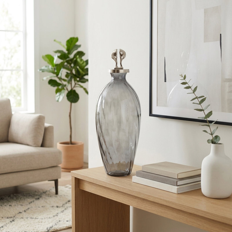 Decorative Glass Flower Vase with Aluminum Topper for Home Decor - Tall Table Vase with Acrylic Accent Base for Living Room Display - Gray & Silver