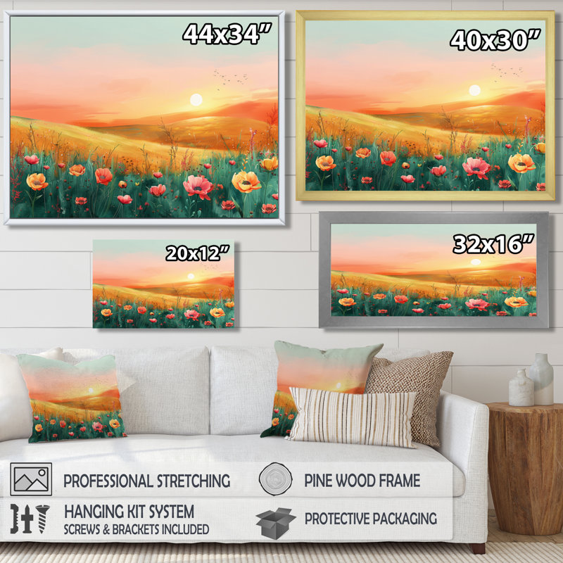 Flower Meadows At Sunset I - Décoration murale fleurs, H 34 po x l 44 po x P 1,5 po, Cadre flottant doré
