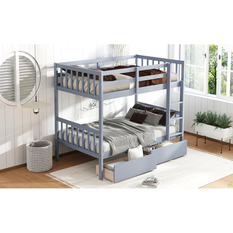 Lit superposé simple en bois d'hévéa avec 2 tiroirs, convertible en 2 lits simples