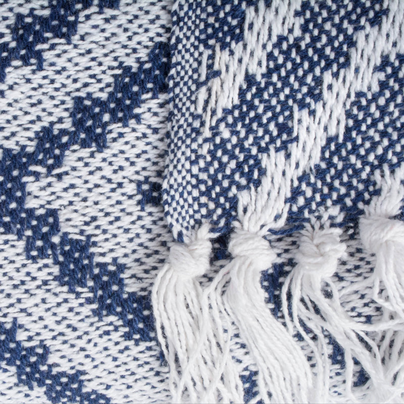 Nautical Blue Chevron Cotton Throw Blanket with Fringe