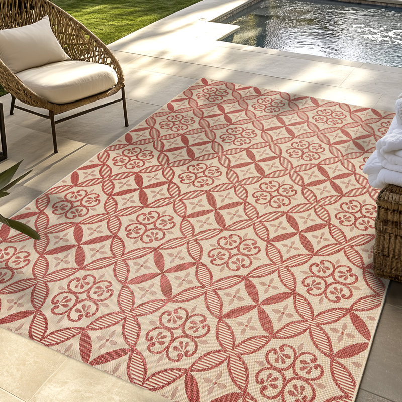 Tapis intérieur / extérieur en polypropylène tissé à plat à motif de carreaux de bohmeian beige crème Solilra Zilah