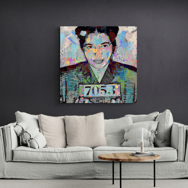 «Rosa Parks Mugshot» par Stephen Chambers - peinture sur toile tendue, H 15 po x l 15 po x P 1,5 po