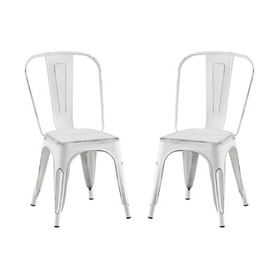 Chaises de salle à manger empilables de 18 pouces en métal blanc mat sablé de 2 pouces, faciles à nettoyer, pour les espaces intérieurs et extérieurs dans la cuisine et le bar.