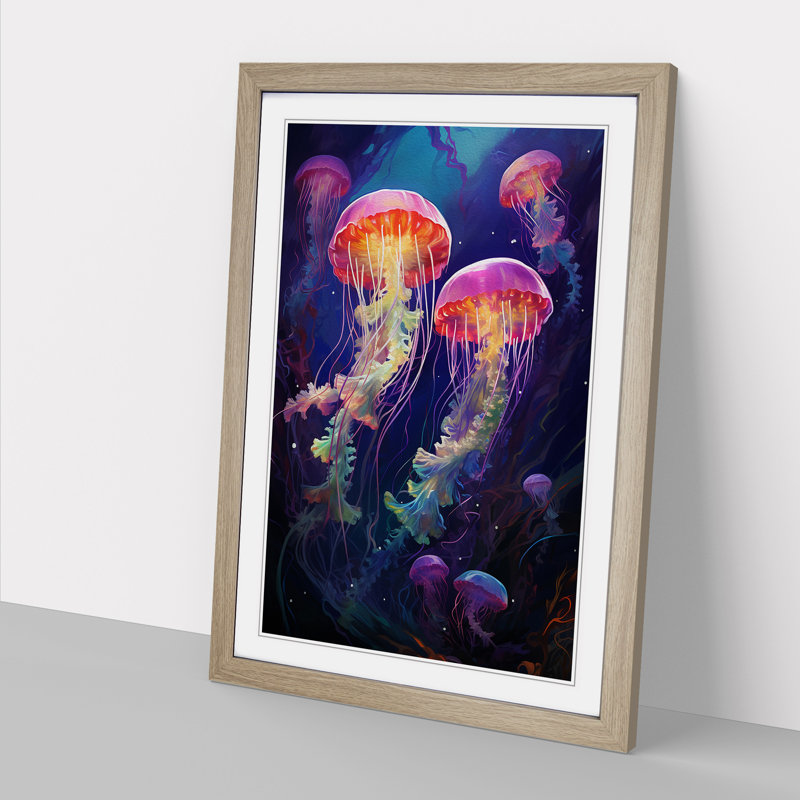 Jellyfish Abstract - Single Picture Frame Print on Wood, Oak Framed, 34cm H x 25cm W x 2cm D