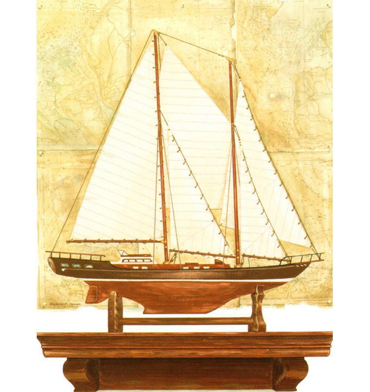 Yacht et carte antique II, H 18 po x l 14 po