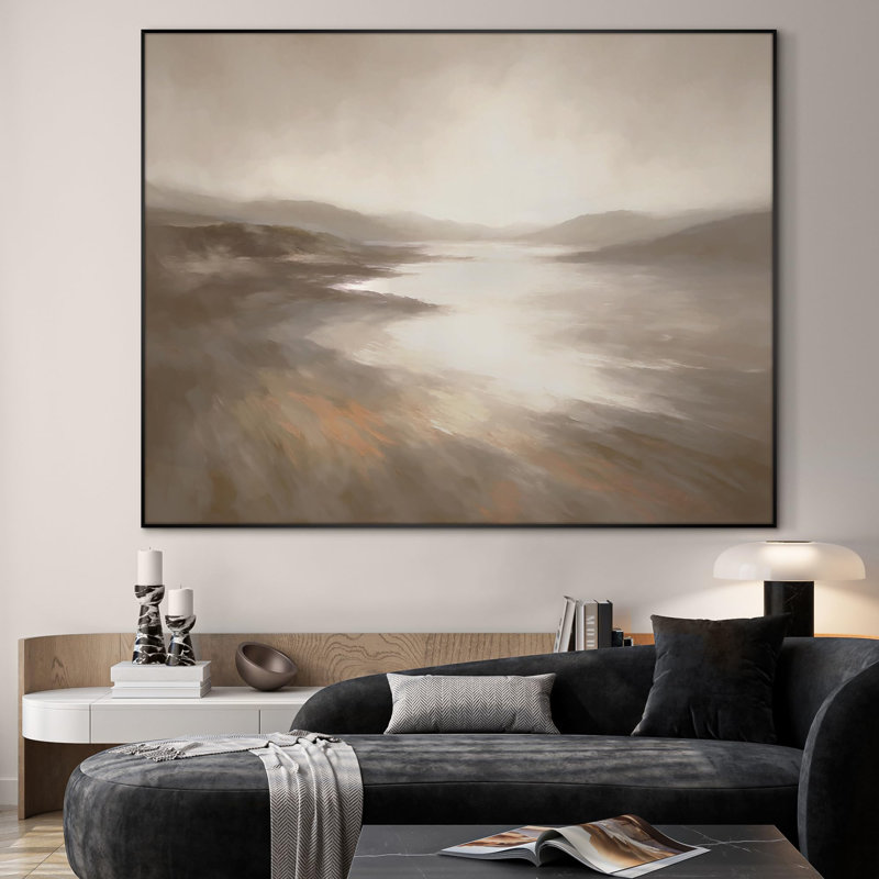 Extra Large Wall Art Fabric Print - Misty Coastal Landscape with Soft Reflections Artwork Decor for Living Room or Bedroom - "Frame Assembly Required (Unfinished Frame)"