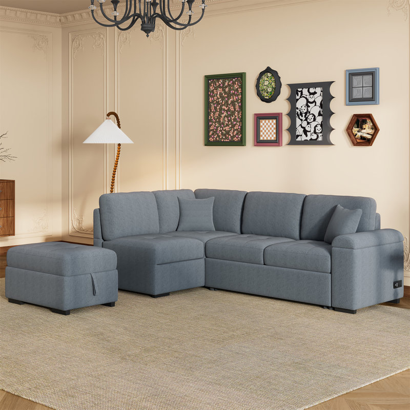 Canapé modulaire 3 pièces Timitra, Bleu / gris / lin