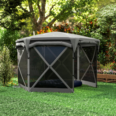 Tente avec abri de jardin 11 x 11 pi avec toit amovible et panneaux de vent enroulables pour le camping, cour arrière, gris foncé