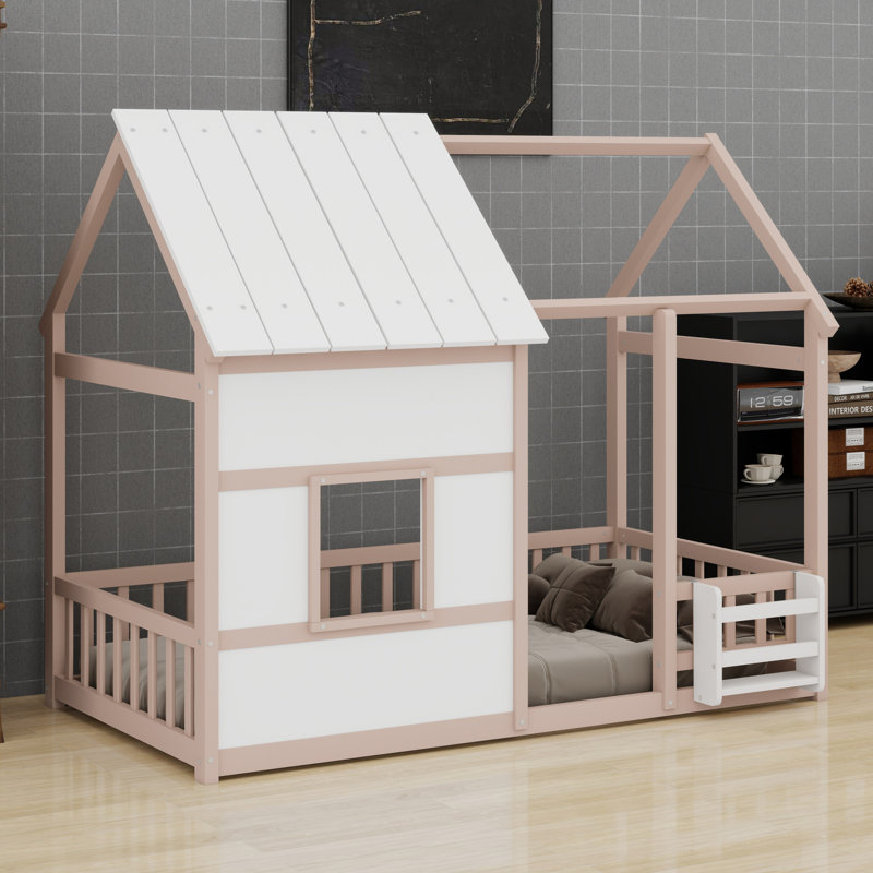 House-Shaped Floor Bed Featuring  LED Lighting and Cozy Design, Nude and White