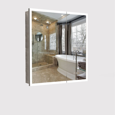 Armoire de miroir de salle de bain 30 * 32 pouces avec éclairage à DEL, option encastrée ou murale, 3 températures de couleur, caractéristique de brouillard, 10 réglages de luminosité, espace de rangement spacieux