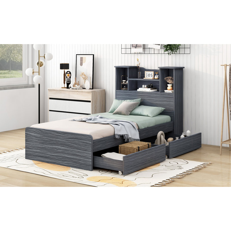 Stylish And Functional Twin Size Storage Bed With Open Shelves And Drawers