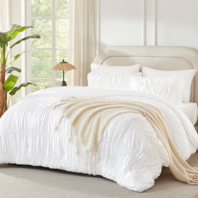 Andency Ruched White King Size Comforter Set, Pleated Bedding Sets 3 Pieces, Lightweight Soft Boho Ruffle Bed Set for Girls, Kids, Women, All Season