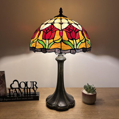 Tiffany Table Lamp Stained Glass Red Tulips LED Bulb Included 12"W*12"D*19"H